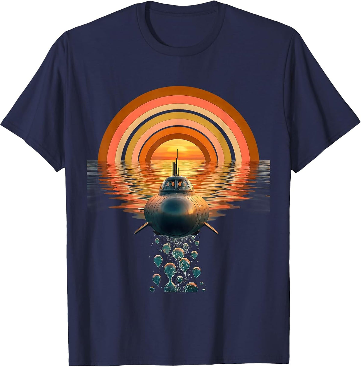 Two-Seat Submarine Diving Ocean Waves Graphic T-Shirt - Navy Blue