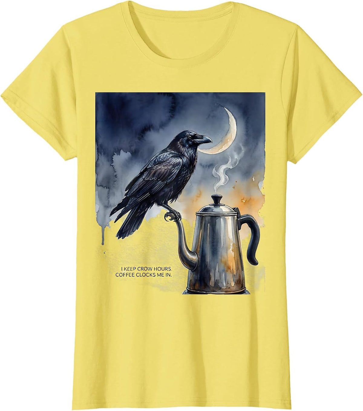 I Keep Crow Hours Coffee Clocks Me In Gothic Raven Humor T-Shirt - Lemon Yellow