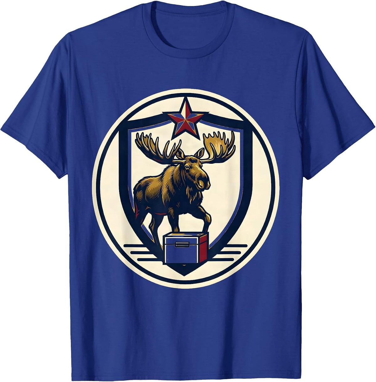 Men's Bull Moose Shield Badge Political Satire History Lover T-Shirt - Royal Blue