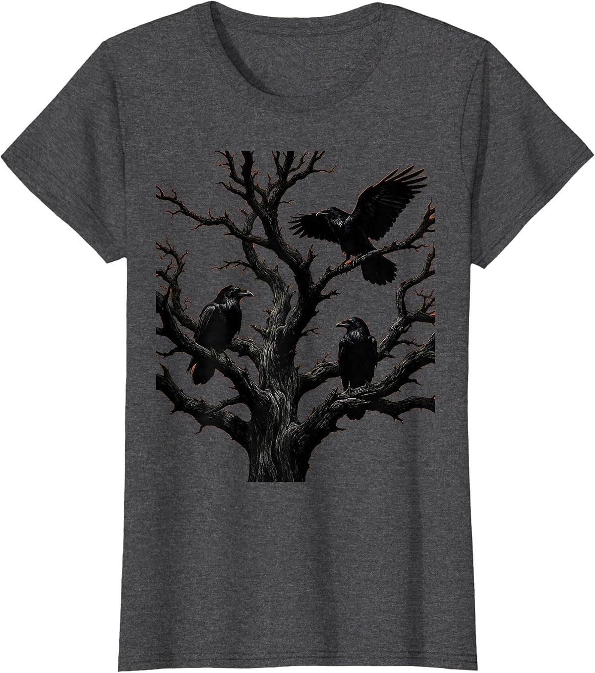 Women's Boys Halloween Ravens on Twisted Dead Tree T-Shirt - Dark Heather Grey