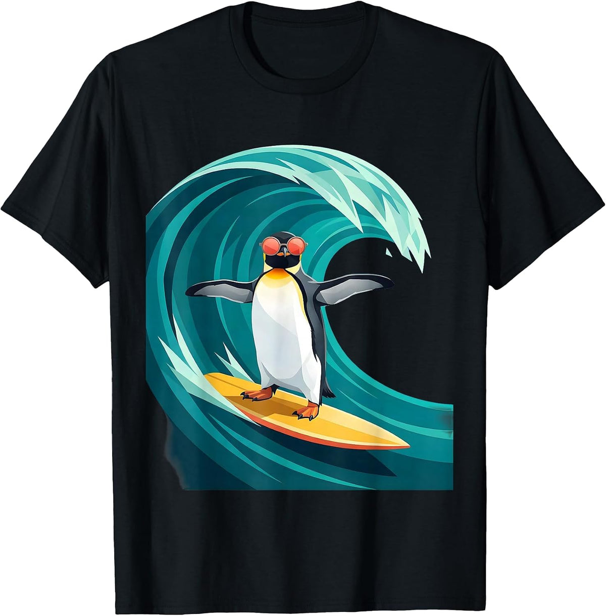 Men's Penguin in Sunglasses Surfing Ocean Wave T-Shirt - Black