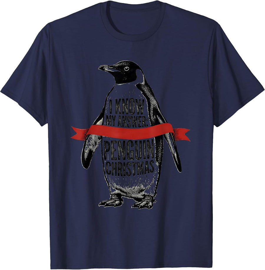 I Know My Answer Penguin Christmas Funny Penguin Lover T-Shirt - Navy Blue