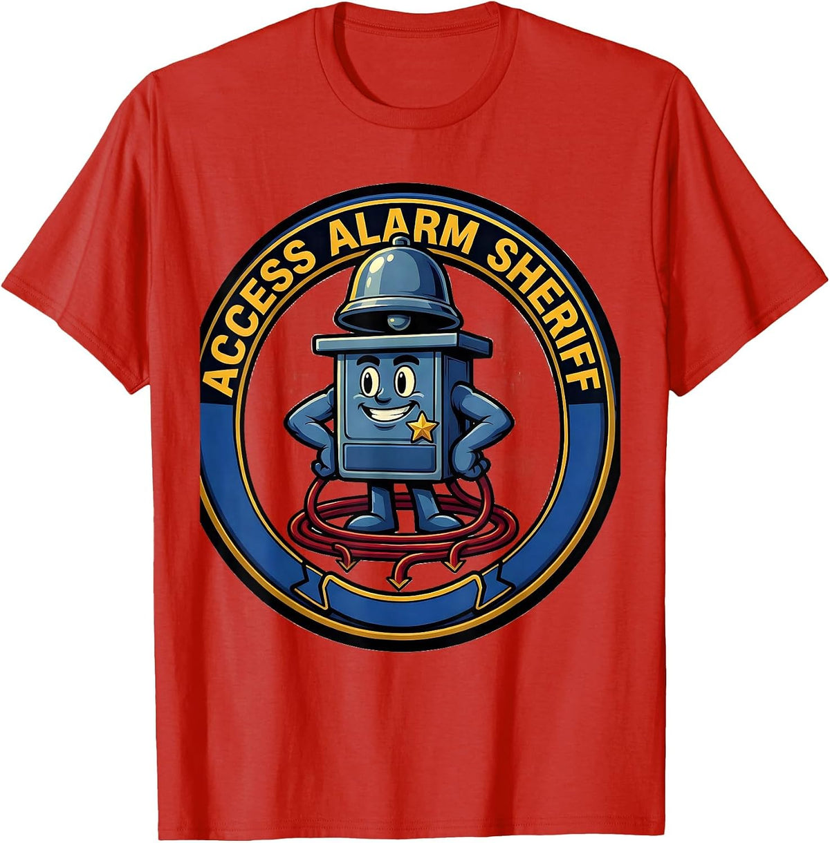 Men's Access Alarm Sheriff Cartoon Dialysis Nurse Nephrology Crew T-Shirt - Red