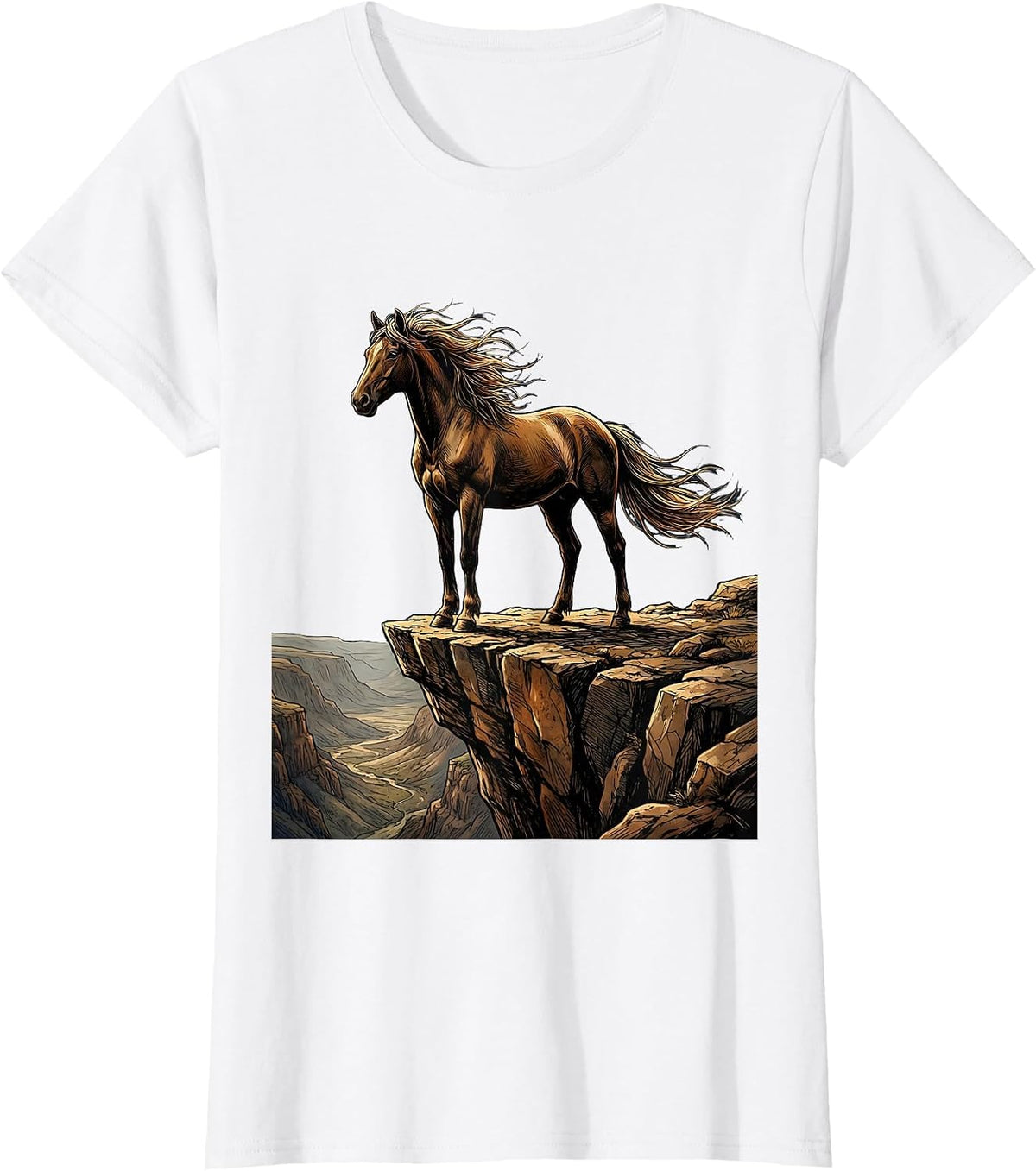 Lone Horse on Cliff Edge Illustration T-Shirt - White