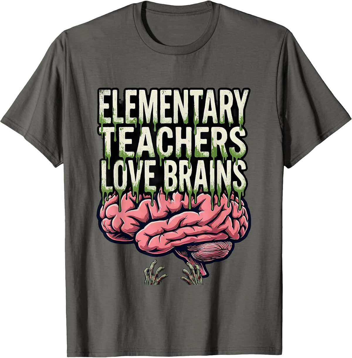 Elementary Teachers Love Brains Bold Condensed Halloween T-Shirt - Asphalt Grey