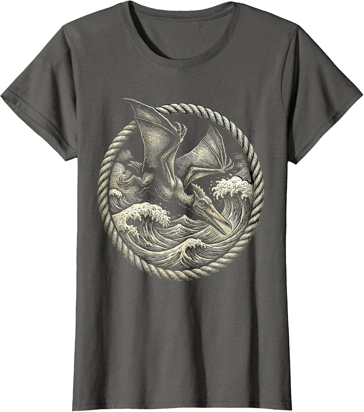 Women's Pterodactyl Diving Over Crashing Ocean Waves T-Shirt - Asphalt Grey