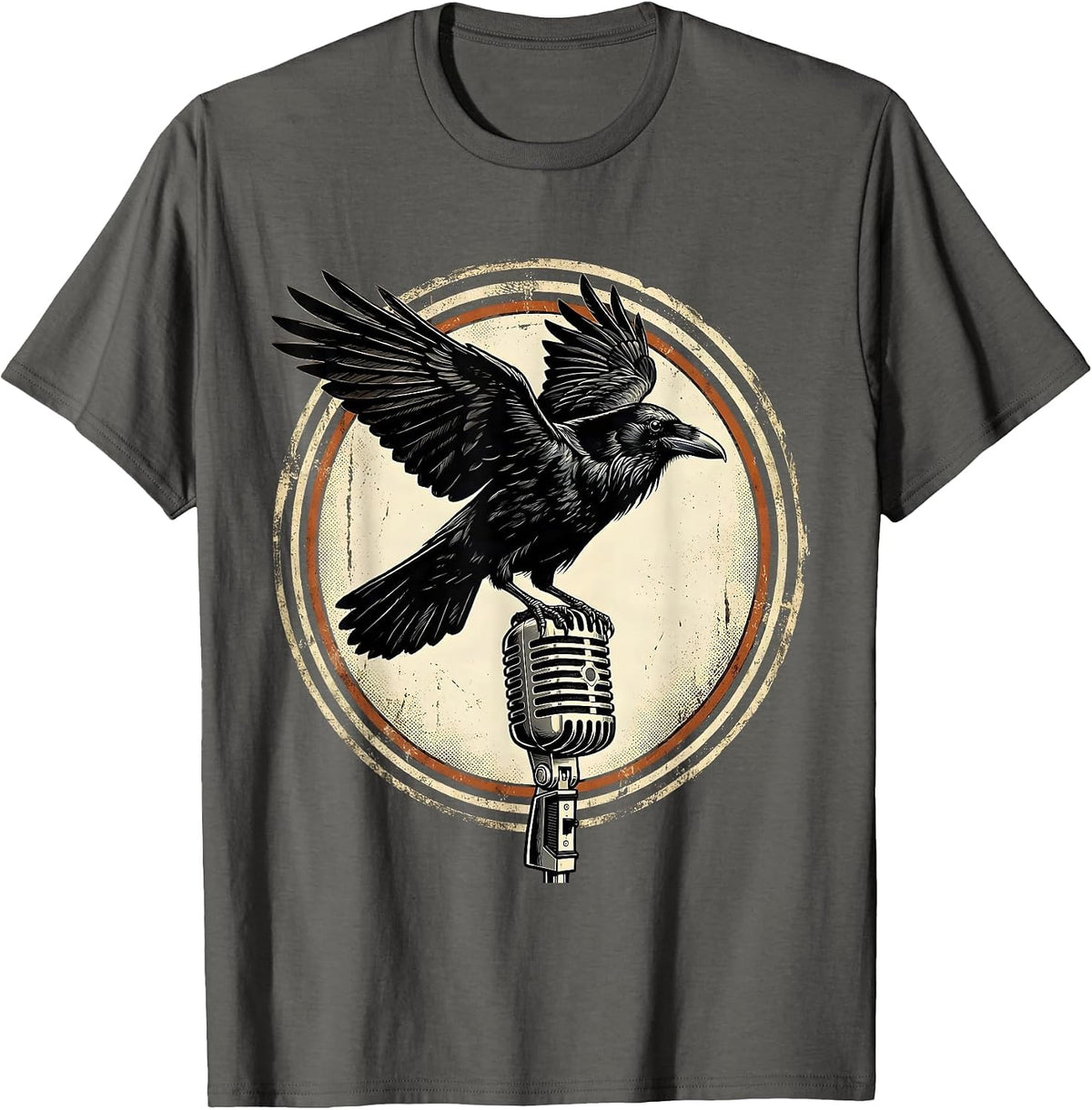 Men's Raven on Vintage Microphone Rock and Roll Graphic T-Shirt - Asphalt Grey