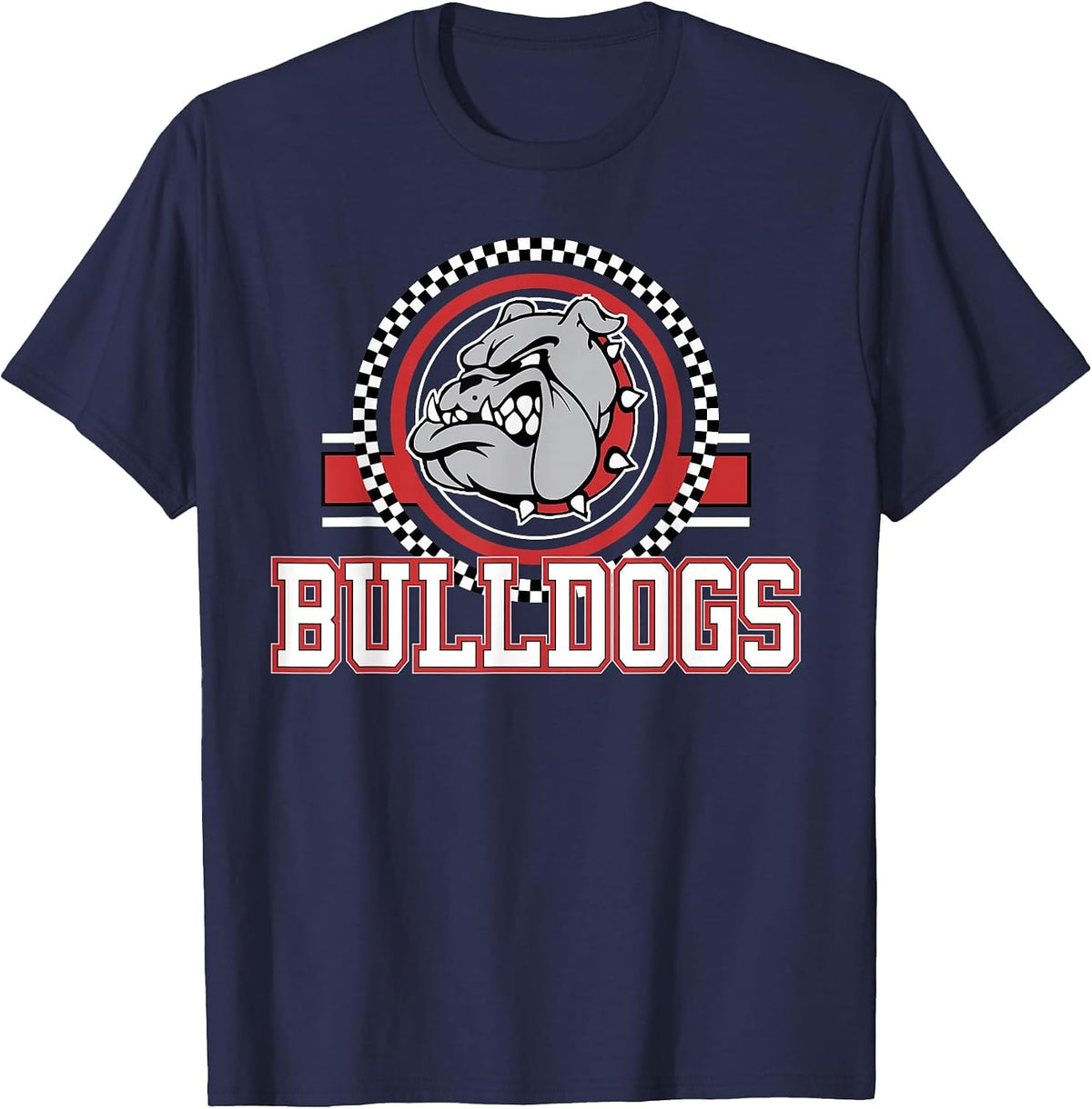 Bulldogs Checkered Print Logo Red Bulldog Mascot School T-Shirt - Navy Blue