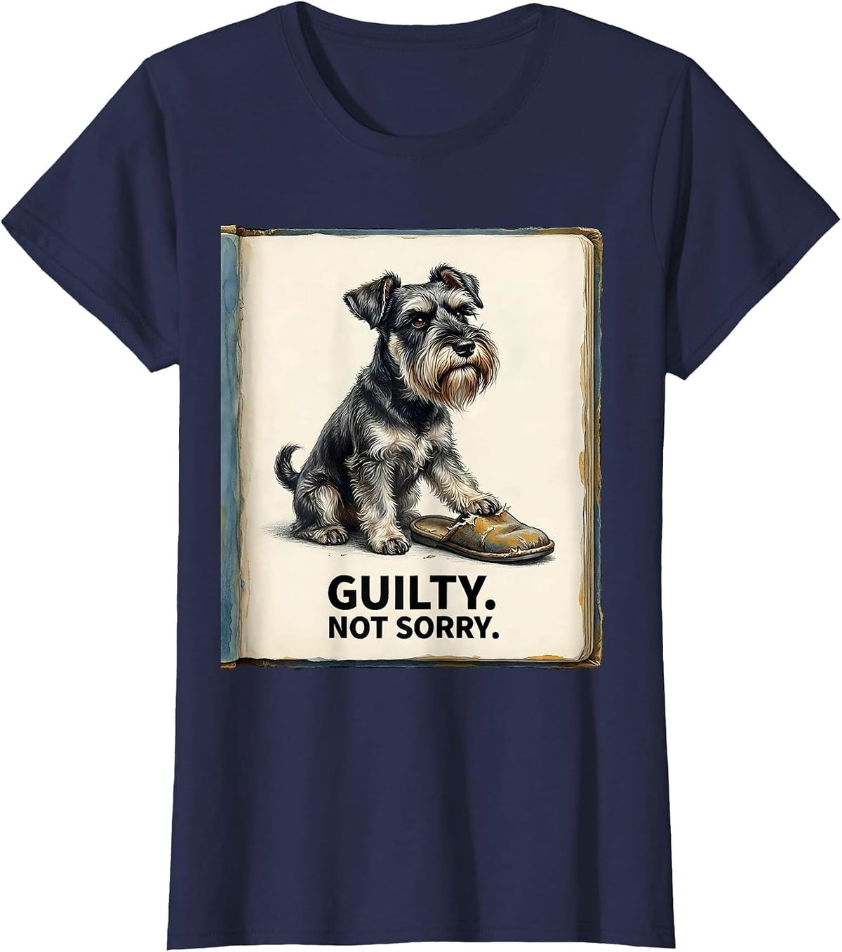 Women's Guilty Not Sorry Storybook Miniature Schnauzer Owner Humor T-Shirt - Navy Blue