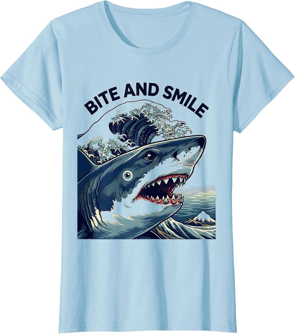 Bite And Smile Ukiyo-e Shark Lover Wildlife Humor Gift T-Shirt - Baby Blue