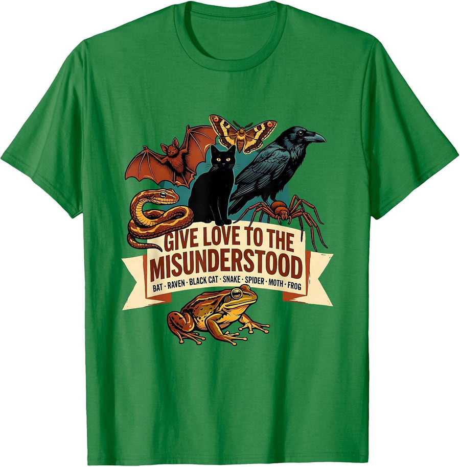 Men's Give Love To The Misunderstood Bat Raven Snake Spider Cat T-Shirt - Kelly Green