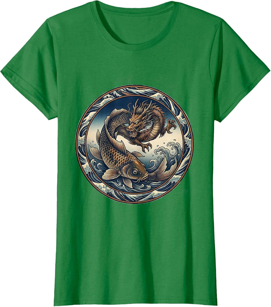 Women's Koi Fish to Dragon Transformation Anime Art T-Shirt - Kelly Green