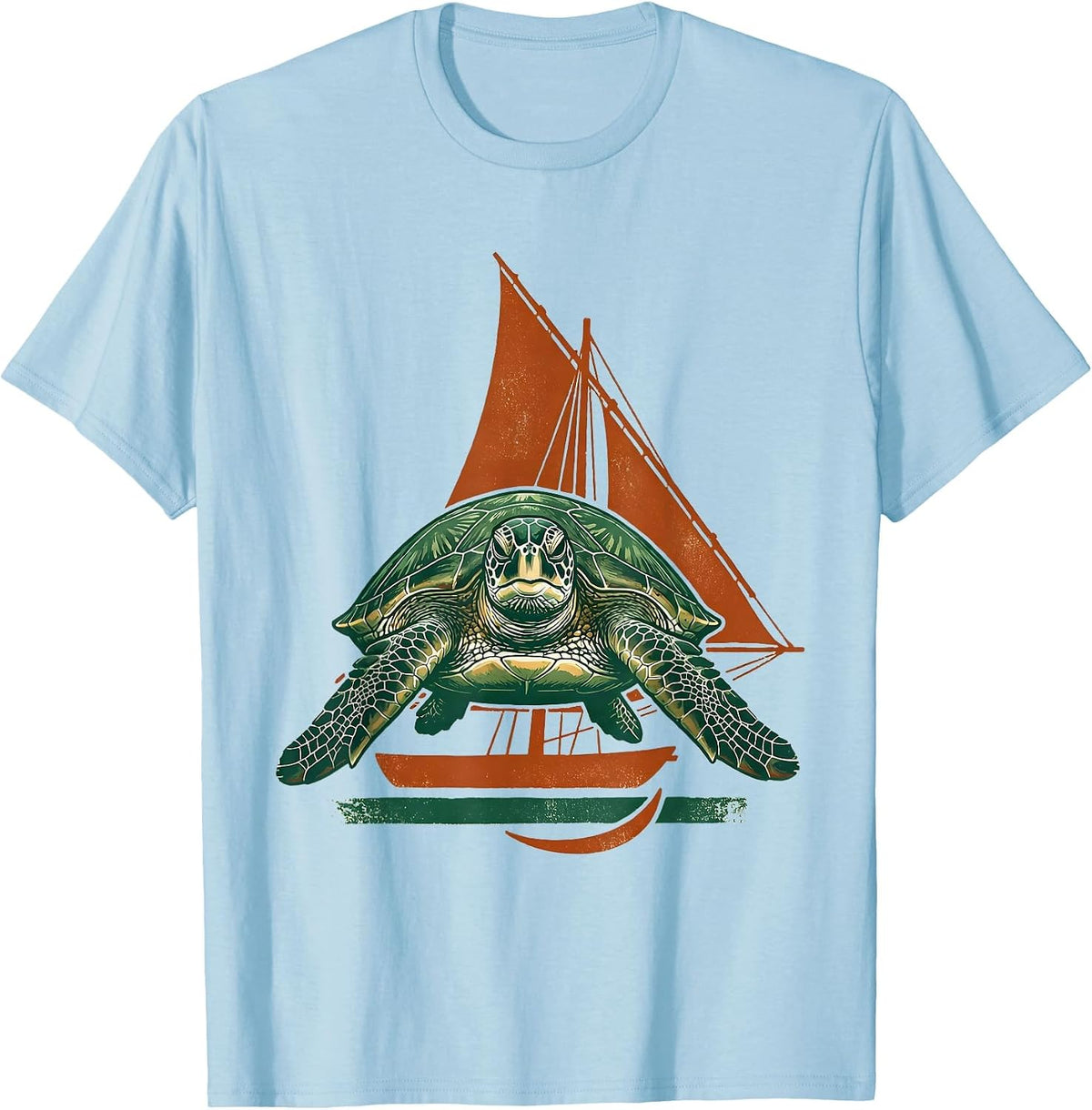 Men's Sea Turtle Dhow Sail Rubber Stamp Tropical Vacation T-Shirt - Baby Blue