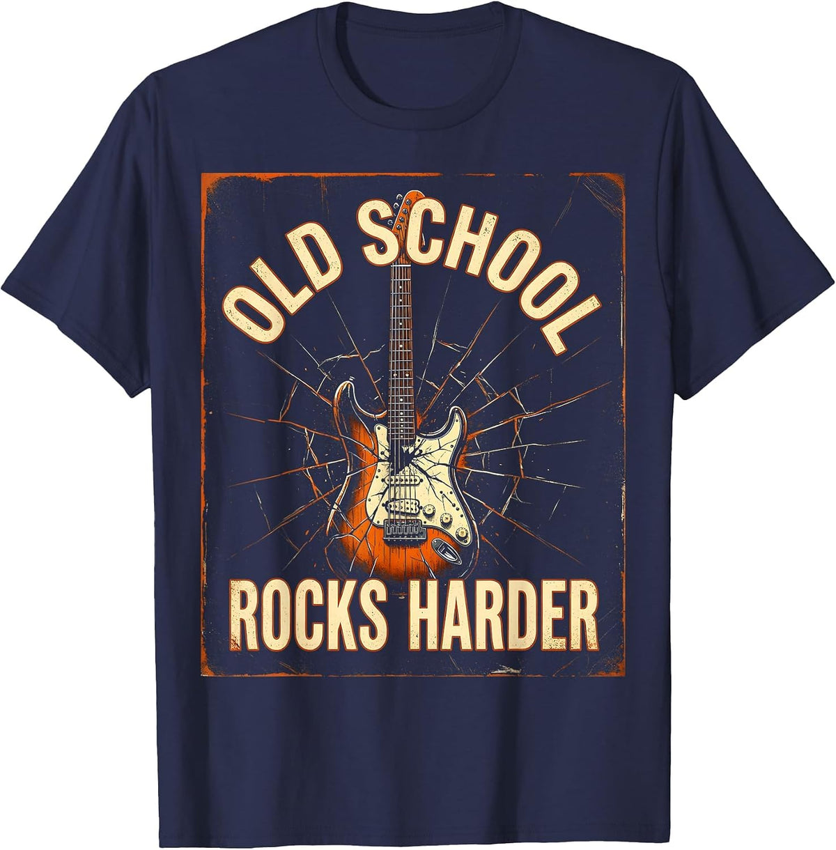 Old School Rocks Harder Vintage Rock Band Design T-Shirt - Navy Blue