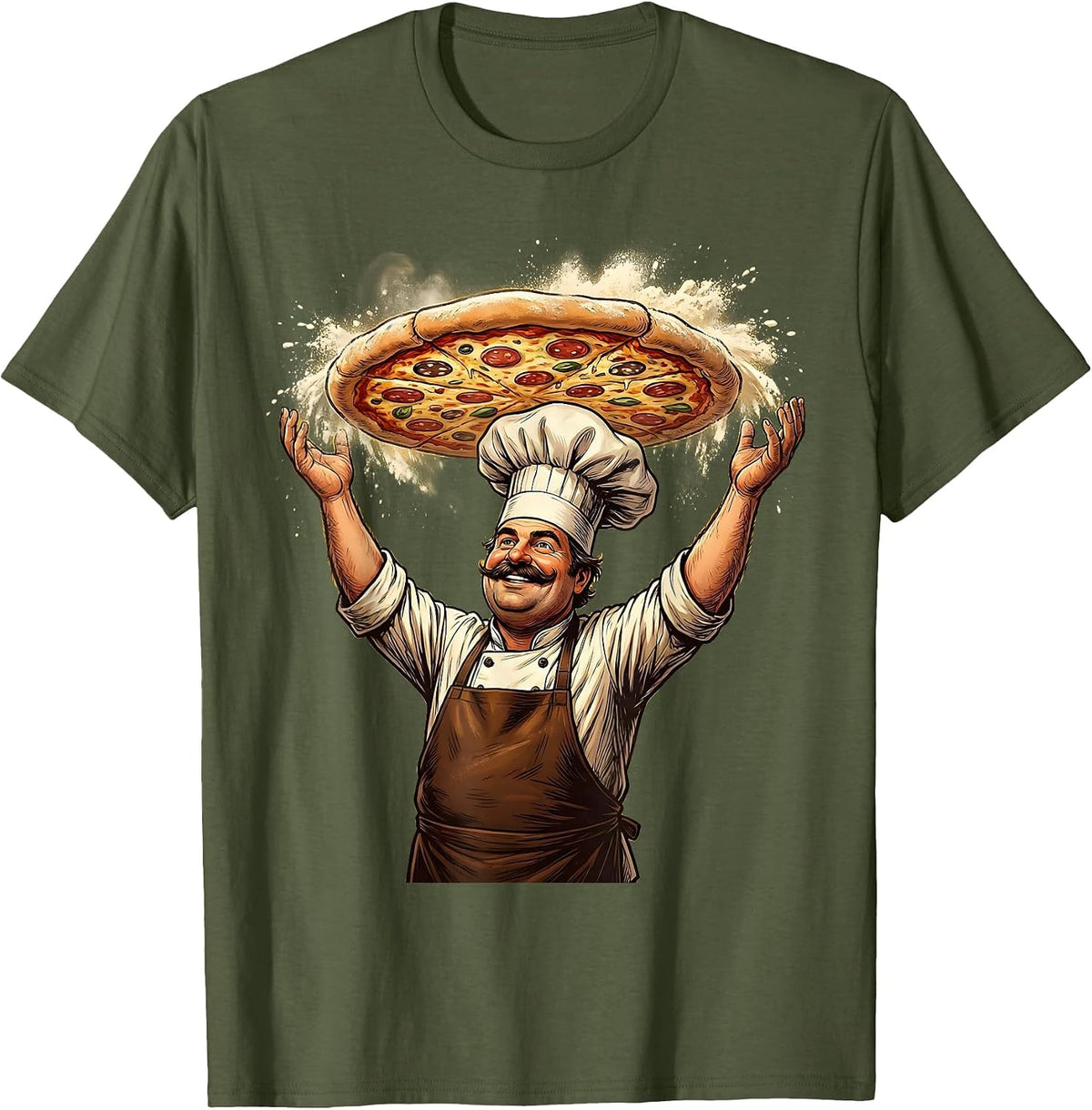 Italian Chef Pizza Dough Toss Illustration T-Shirt - Olive Green