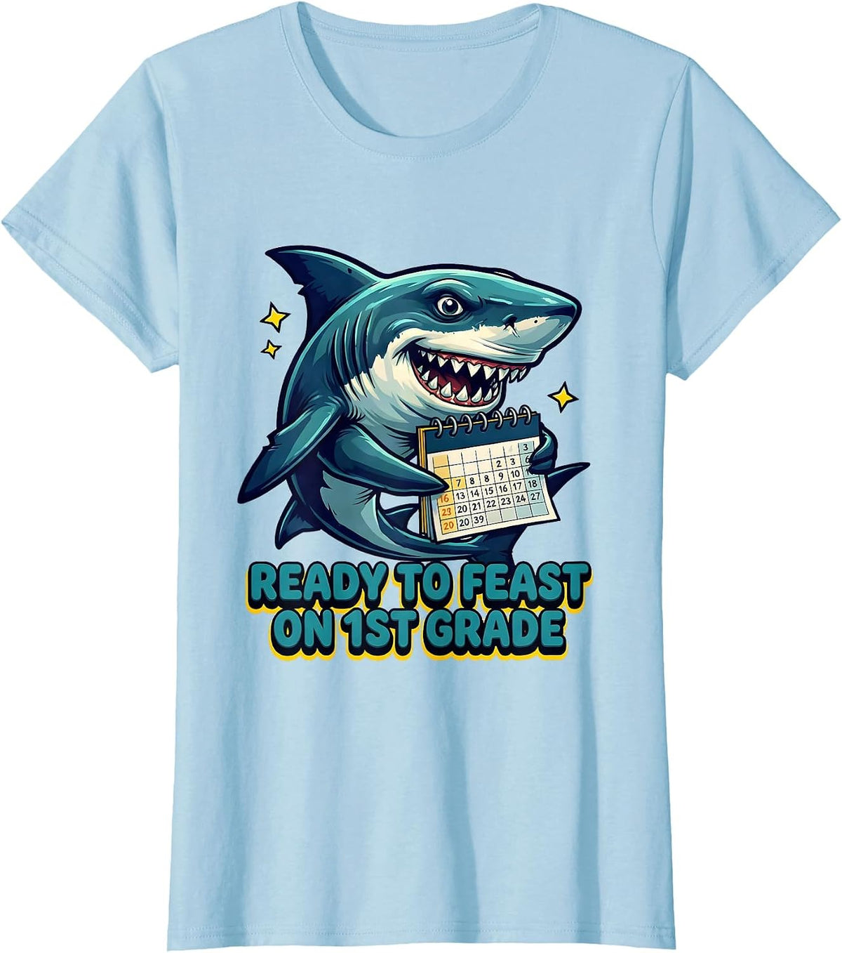 Ready To Feast On 1st Grade Bold Bubbly Shark Back To School T-Shirt - Baby Blue