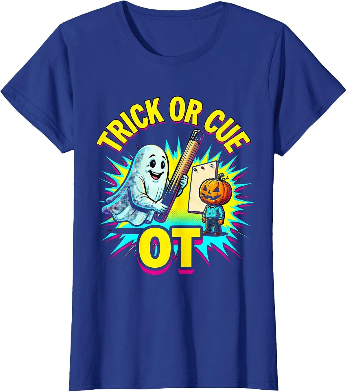 Women's Trick Or Cue OT Pop Art Occupational Therapist Halloween T-Shirt - Royal Blue