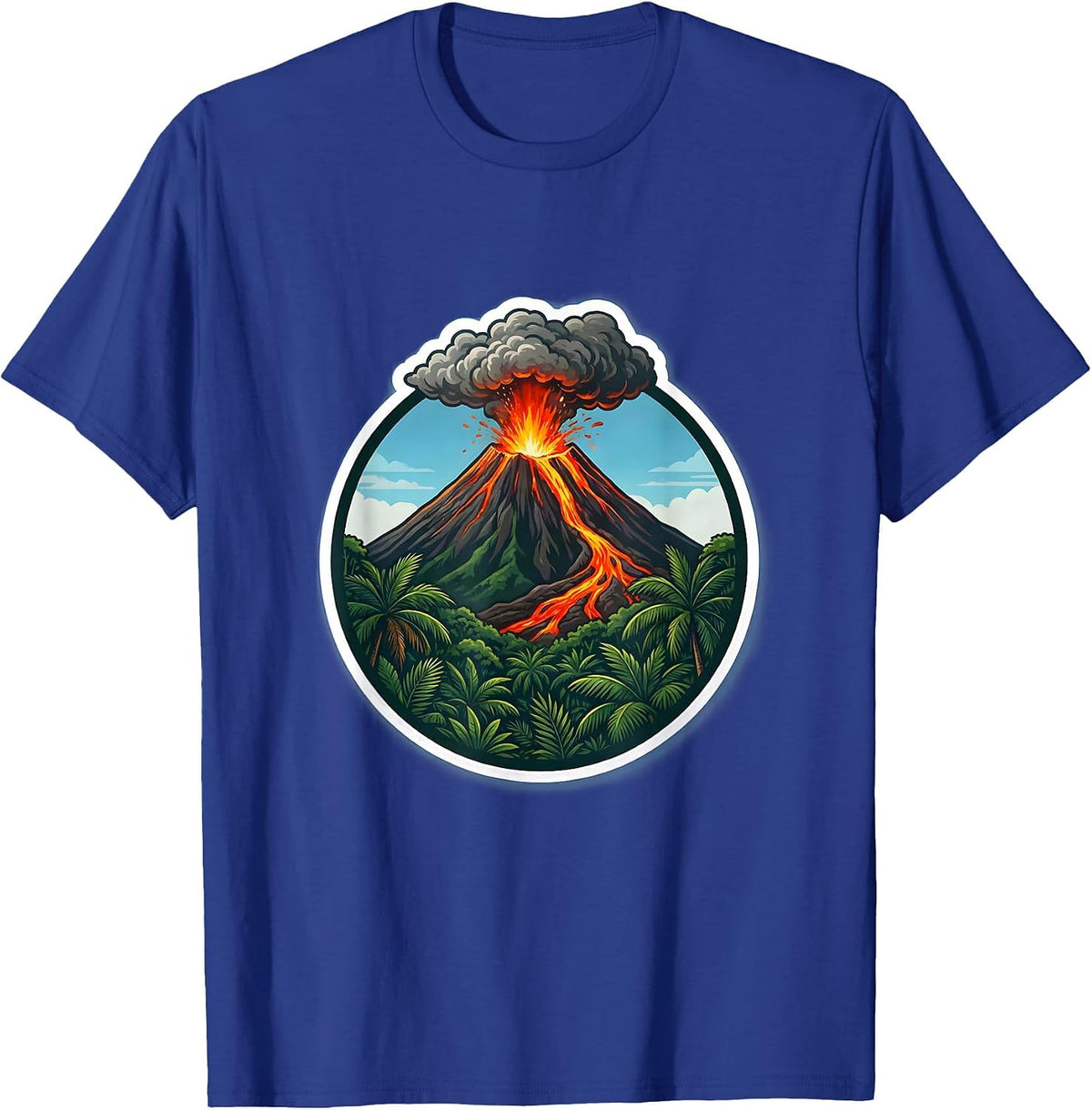 Hawaii Volcanic Eruption Jungle Illustration T-Shirt - Royal Blue