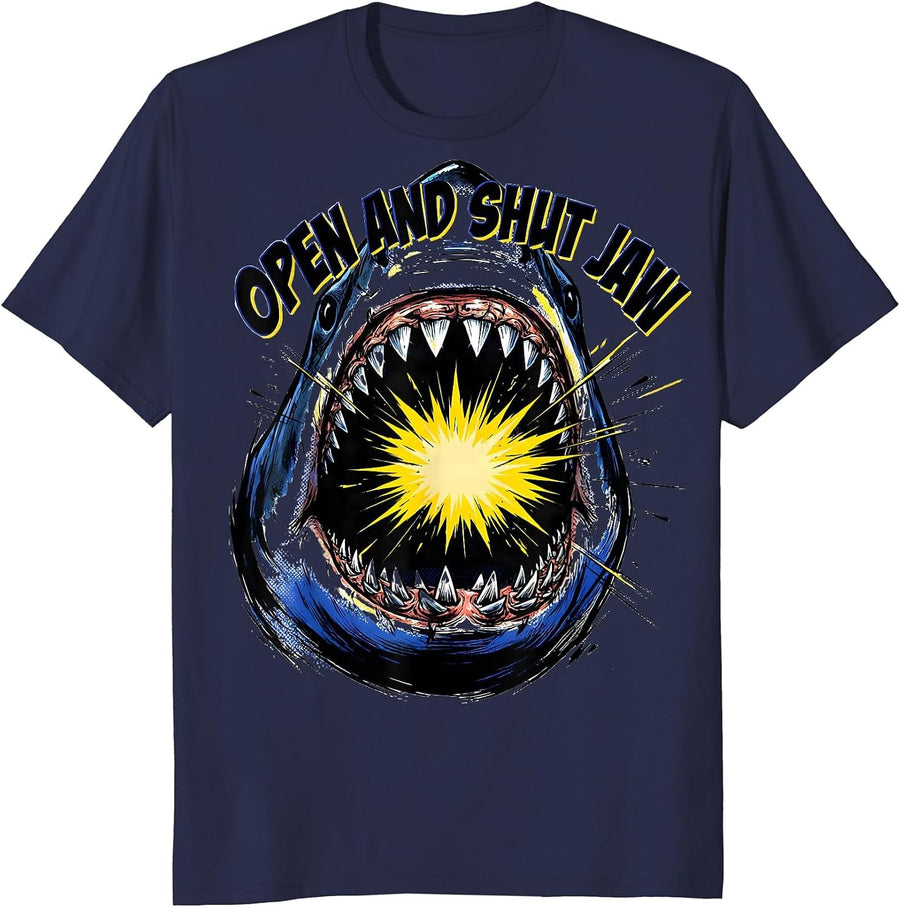 Open And Shut Jaw Comic Book Shark Jaw Halloween Costume T-Shirt - Navy Blue