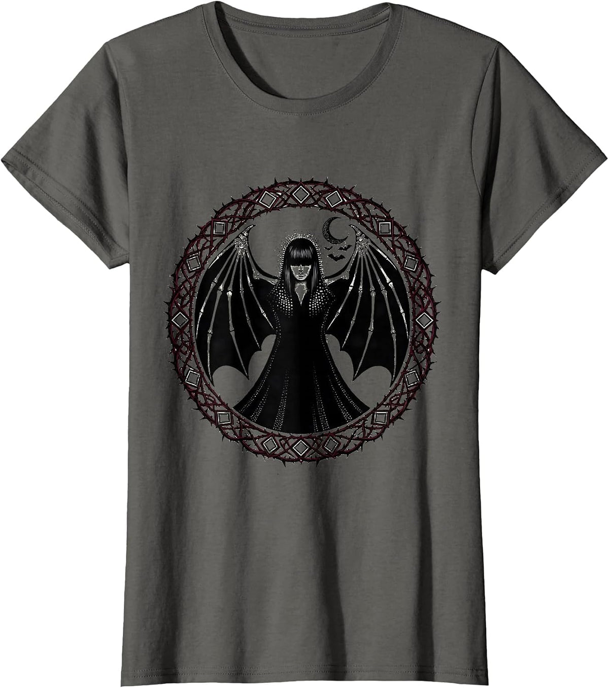 Women's Goth Girl Bat Wing Cloak Dark Fantasy Art T-Shirt - Asphalt Grey