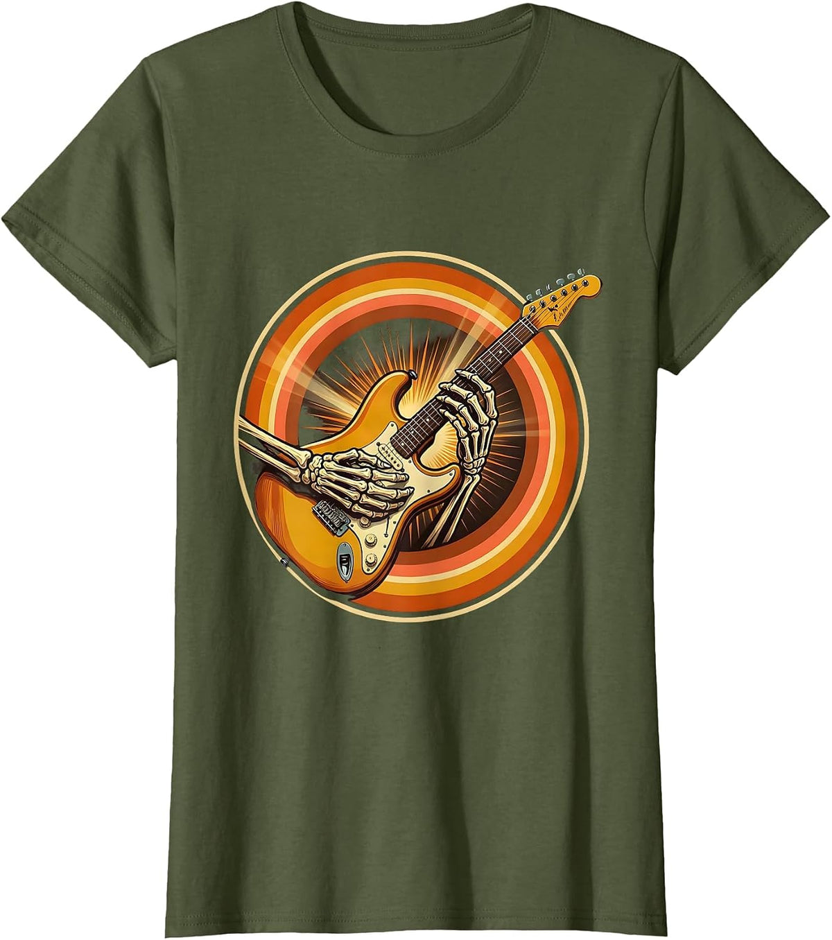 Women's Skeleton Guitarist Shredding on Stage Graphic T-Shirt - Olive Green