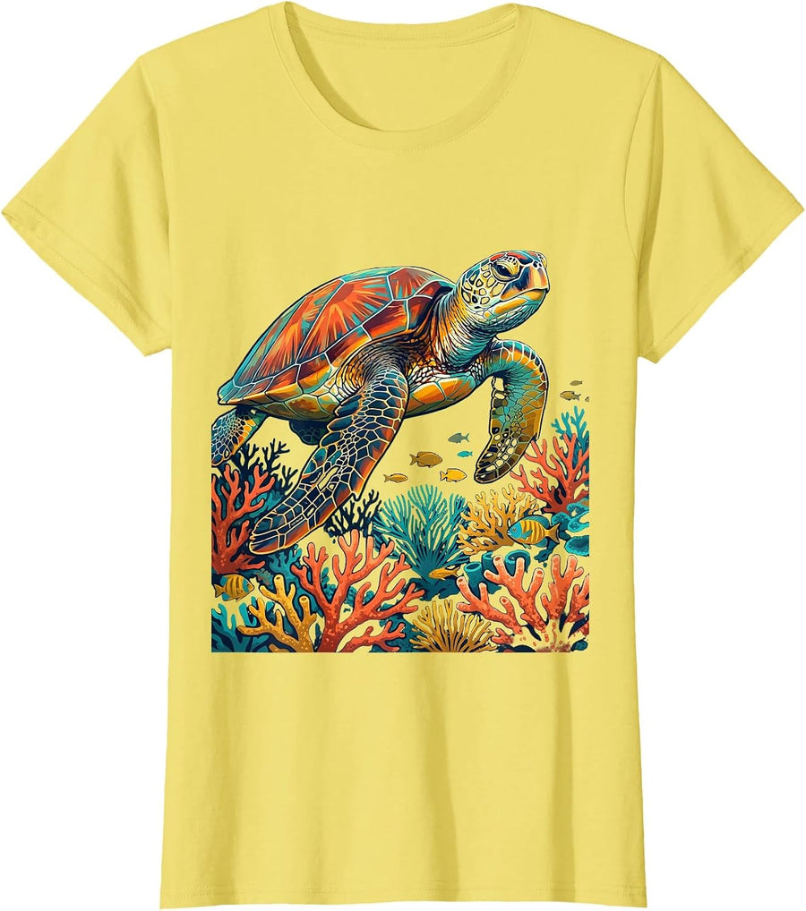 Women's Aloha Sea Turtle Coral Reef Illustration T-Shirt - Lemon Yellow