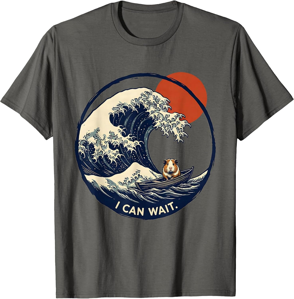 Men's I Can Wait Linocut Japanese Art Animal Meme Humor T-Shirt - Asphalt Grey