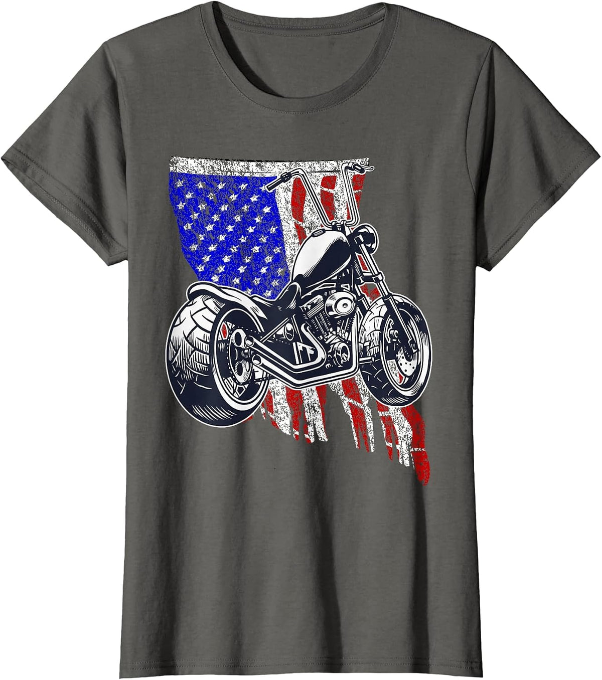 Bobber Motorcycle July 4 Veteran Memorial Day American Flag T-Shirt - Asphalt Grey