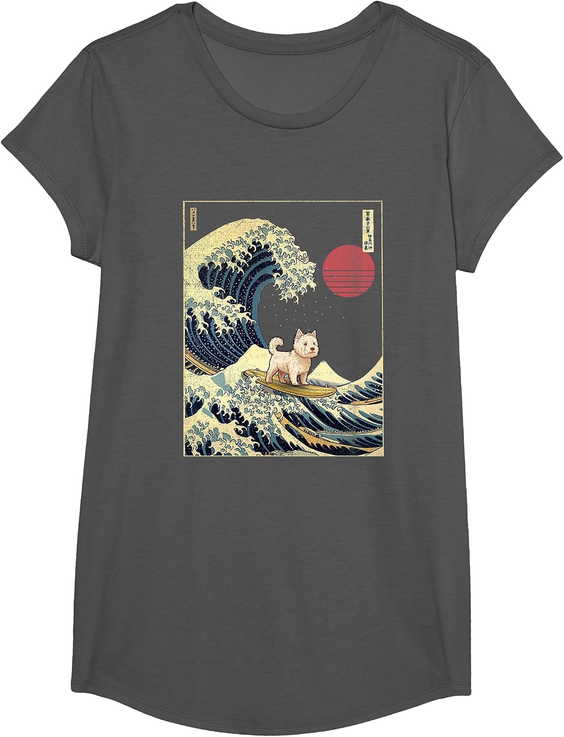 West Highland White Terrier Westie Japanese Kanagawa Wave T-Shirt - Girls Asphalt Grey