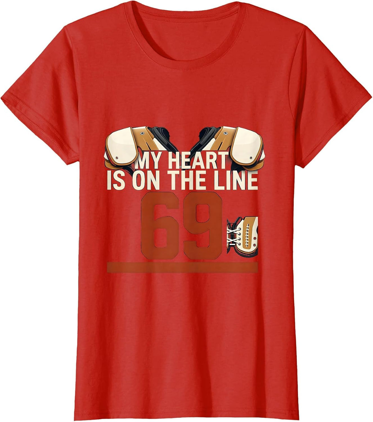 Women's My Heart Is On The Line 69 Football Lineman Mom Jersey T-Shirt - Red