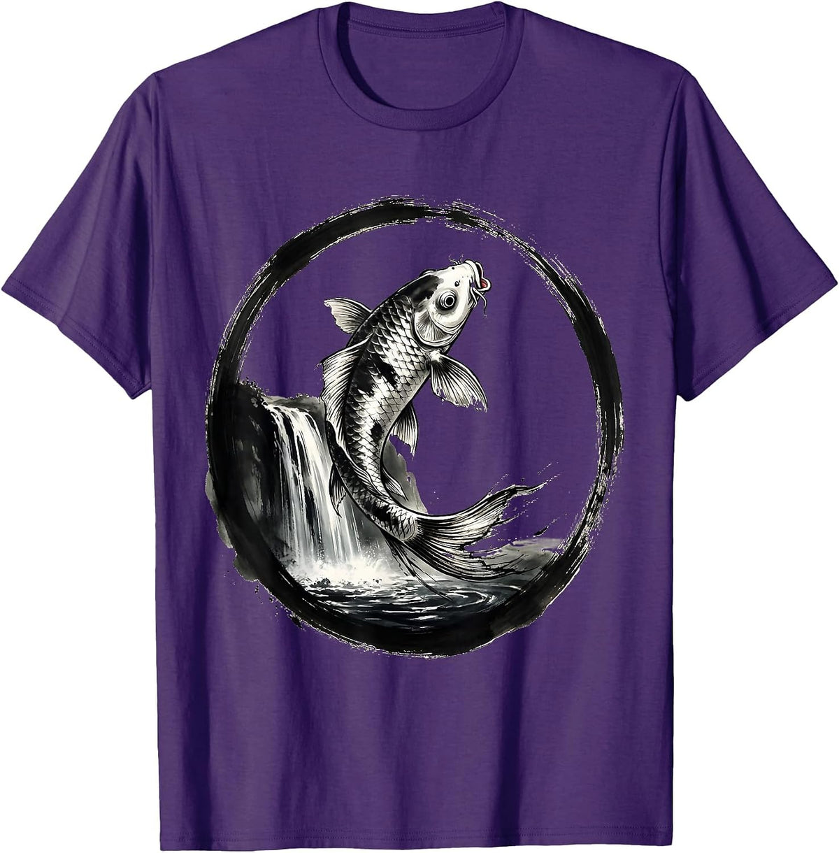 Men's White Koi Fish Leaping Waterfall Freedom Design T-Shirt - Purple