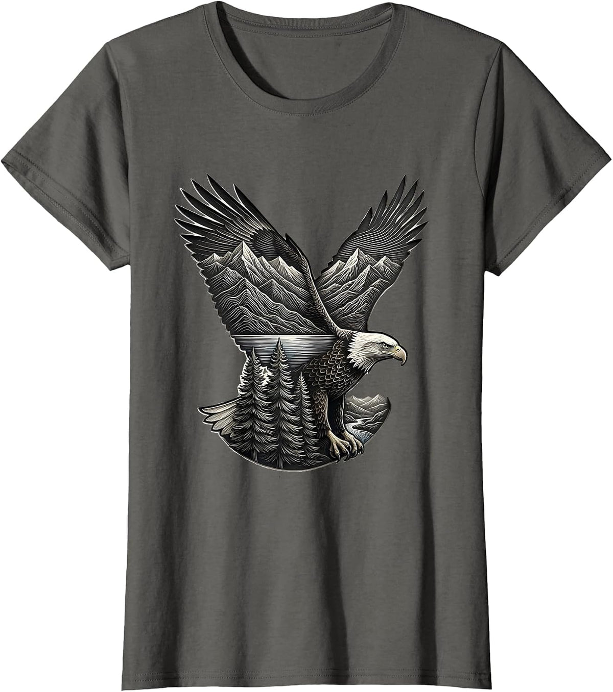 Women's Bald Eagle Flight Mountain Landscape Wildlife Lover T-Shirt - Asphalt Grey