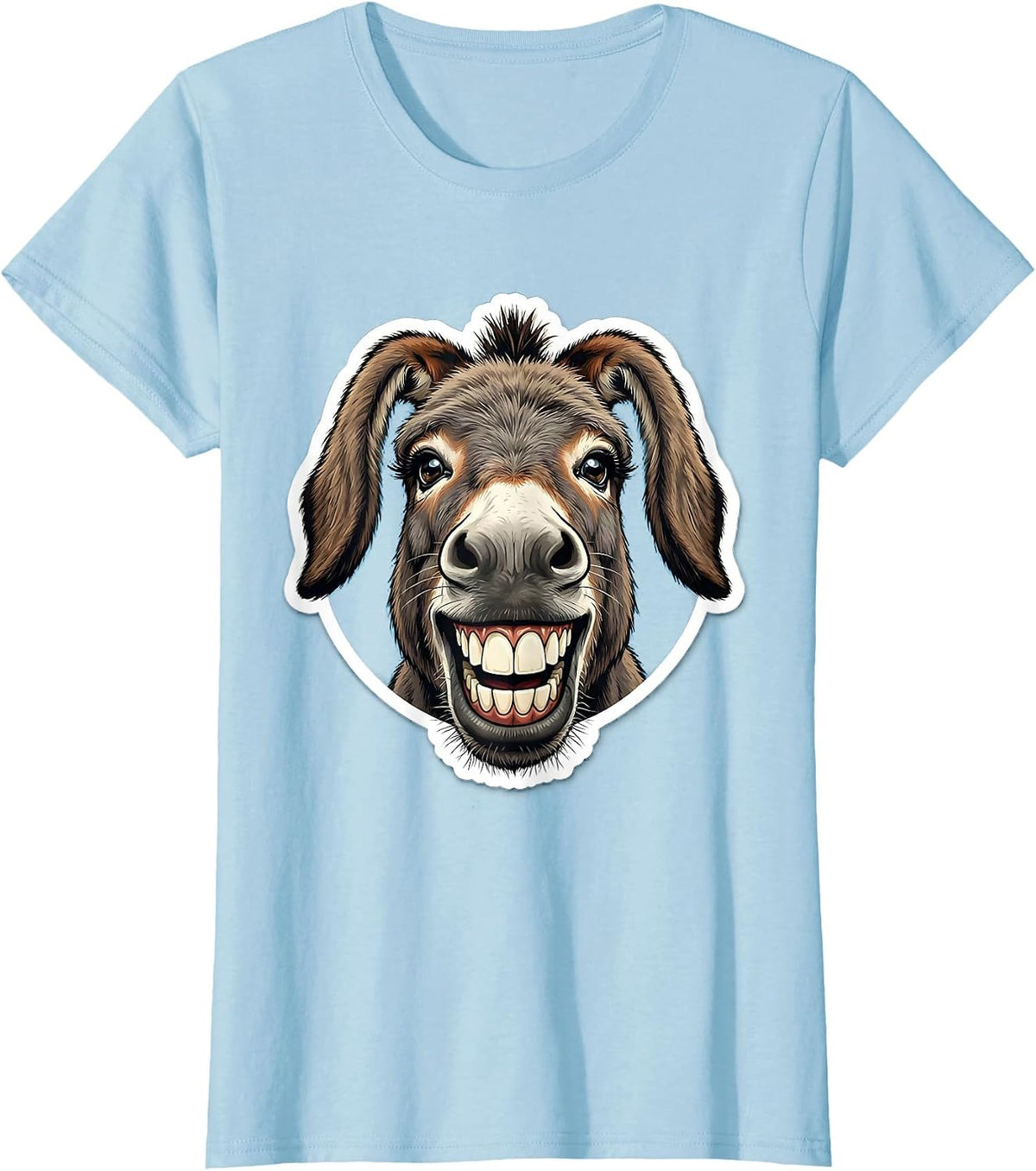 Grinning Donkey Face Funny Animal Illustration T-Shirt - Baby Blue