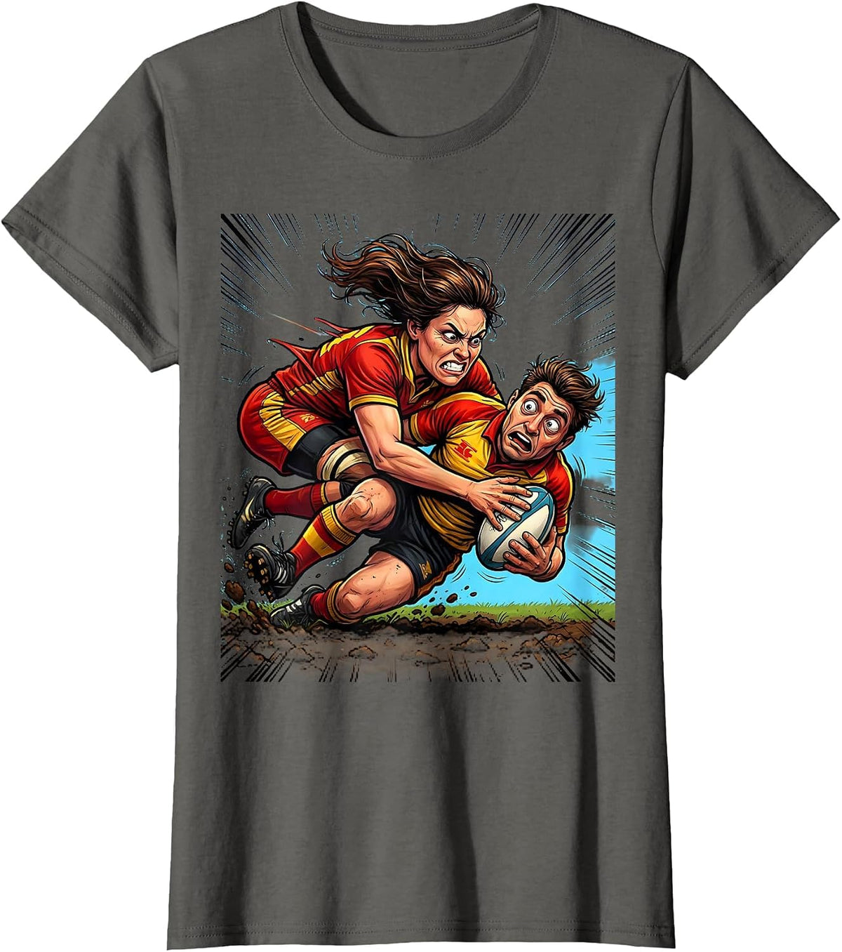 Women's Rugby Tackle Illustration Graphic Design T-Shirt - Asphalt Grey