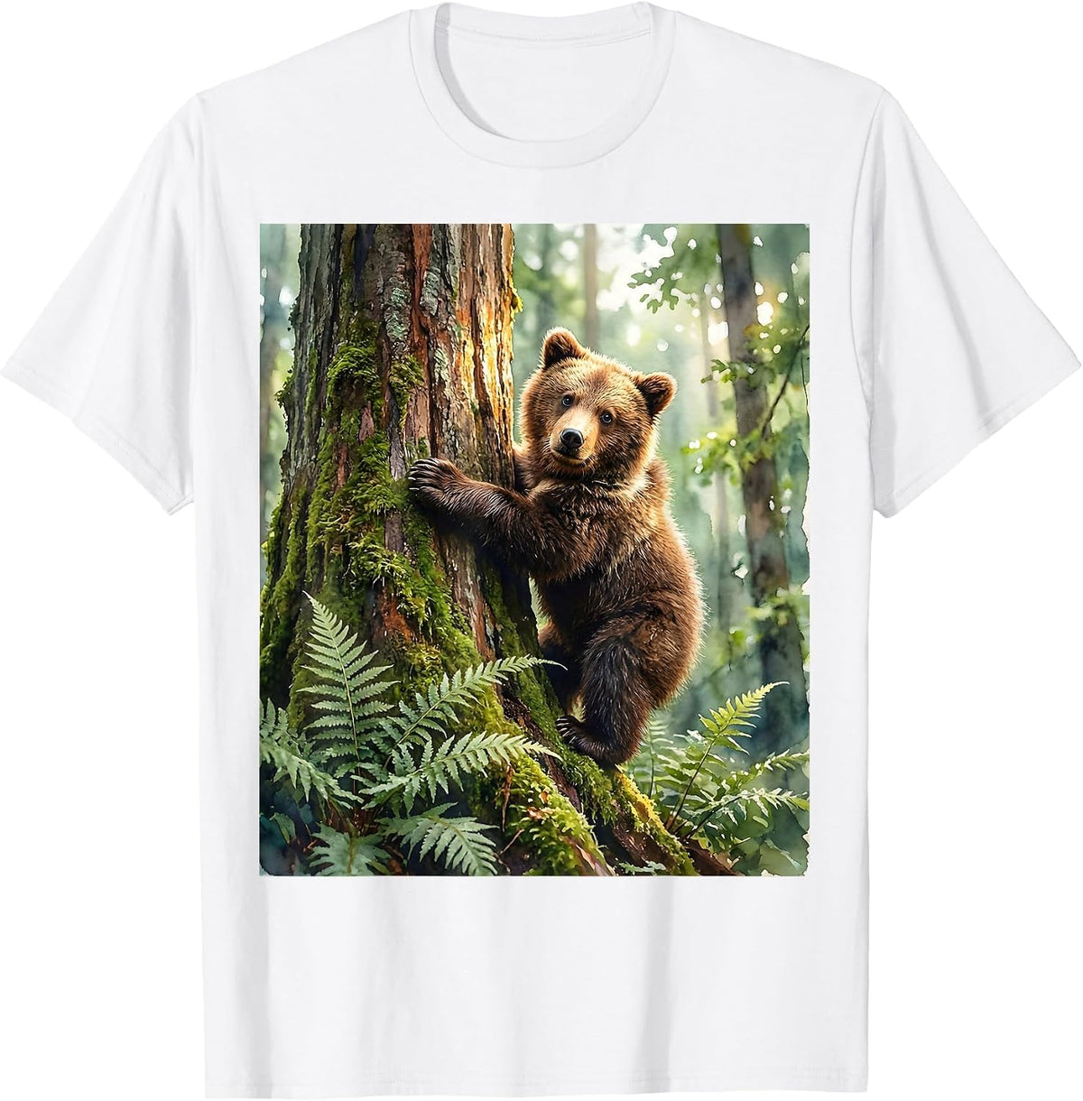 Bear Cub Climbing Mossy Forest Tree Illustration T-Shirt - White