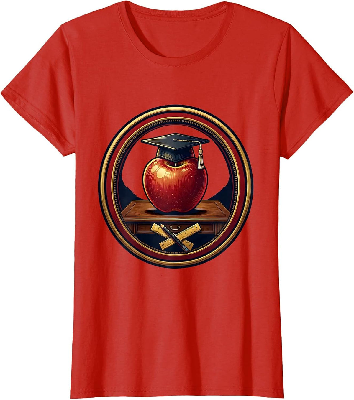 Women's Preschool Teacher Apple Graduation Cap Desk Art T-Shirt - Red