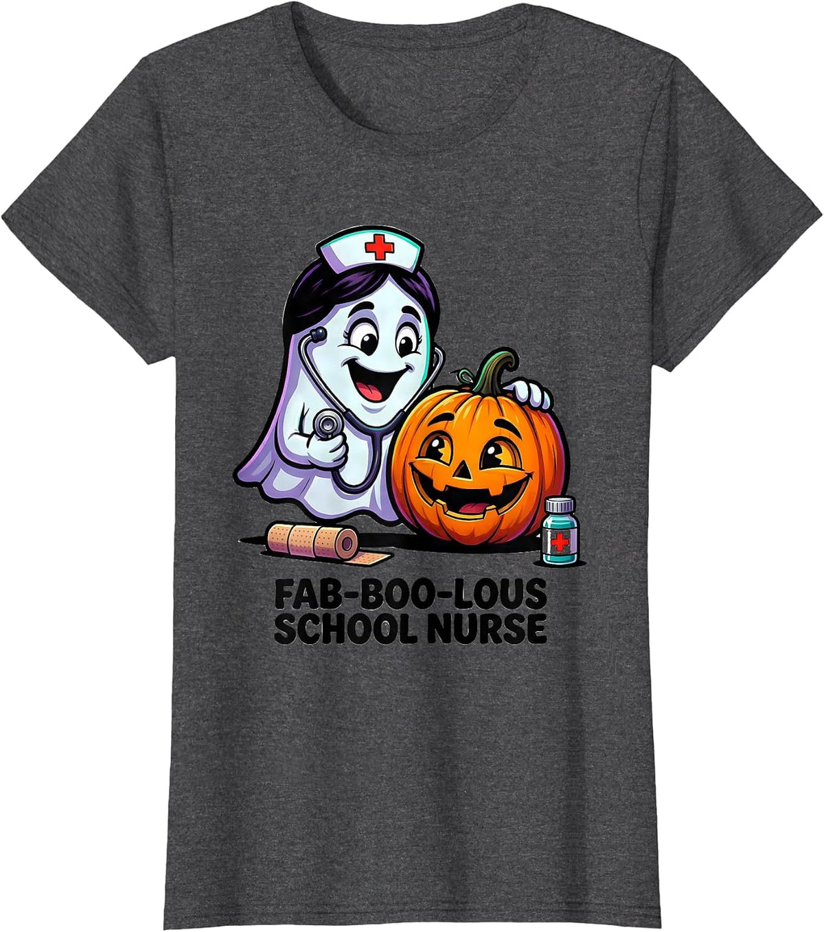 Women's Fab-Boo-Lous School Nurse Cartoon Ghost Halloween Costume T-Shirt - Dark Heather Grey