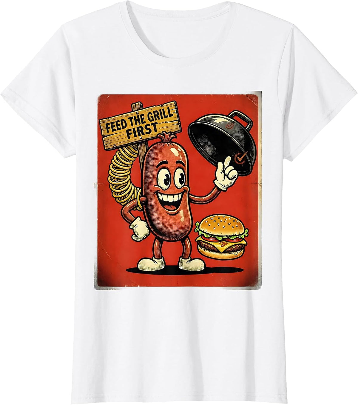 Women's Feed The Grill First Retro Cartoon Funny BBQ Grilling 4th Of T-Shirt - White
