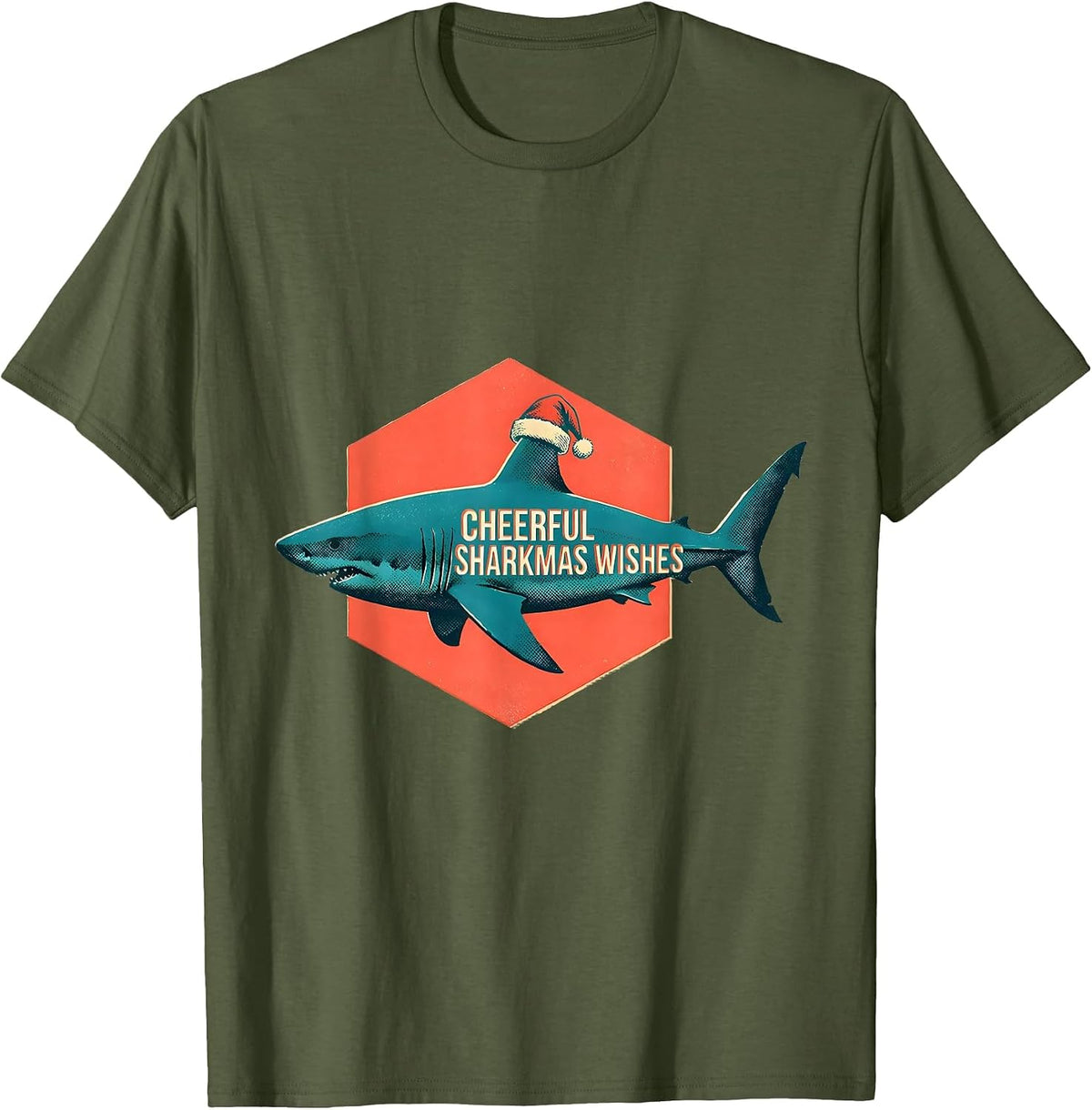 Cheerful Sharkmas Wishes Risograph Funny Shark Lover T-Shirt - Olive Green