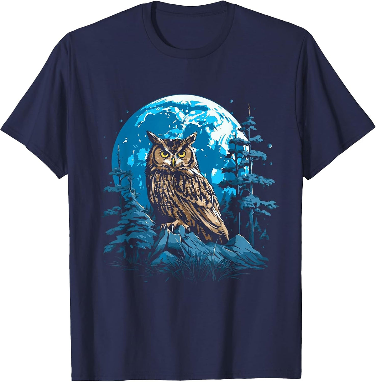 Great Horned Owl Night Time Nature Art Abstract Graphic T-Shirt - Navy Blue