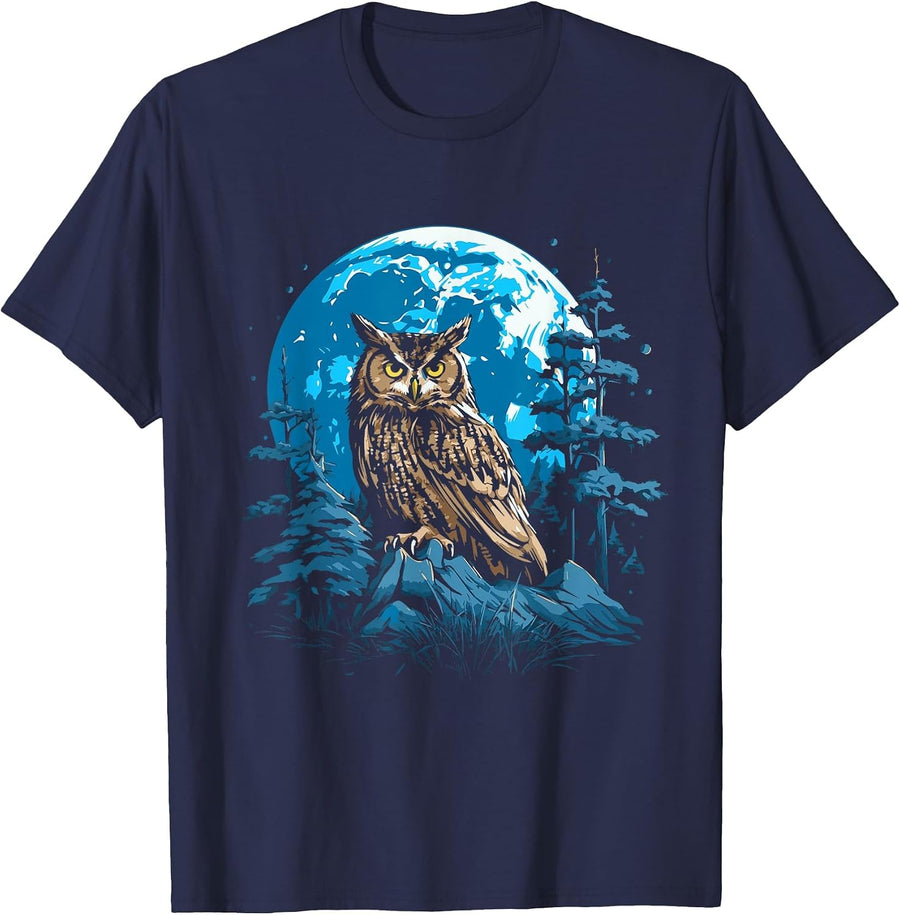 Great Horned Owl Night Time Nature Art Abstract Graphic T-Shirt - Navy Blue