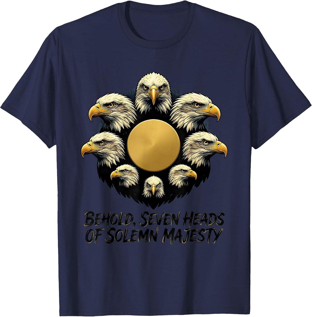Men's Behold, Seven Heads Of Solemn Majesty Vintage Bald Eagle T-Shirt - Navy Blue