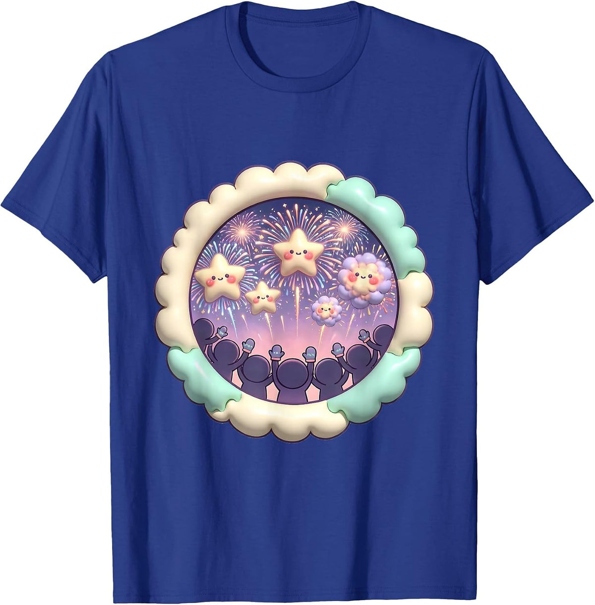 Crowd Silhouette Fireworks Cheer Celebration T-Shirt - Royal Blue