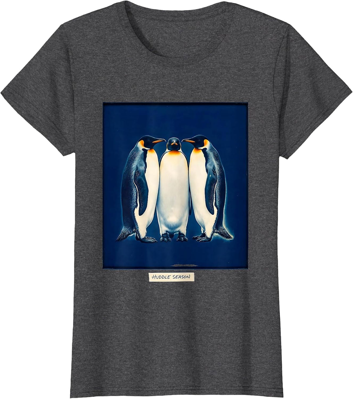 Women's Huddle Season Cyanotype Penguin Lover Animal Humor Gift T-Shirt - Dark Heather Grey
