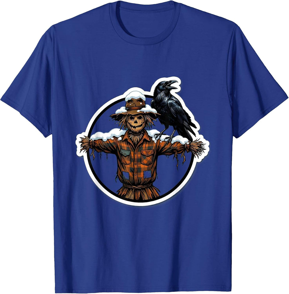 Raven on Snow-Covered Scarecrow Winter Scene T-Shirt - Royal Blue