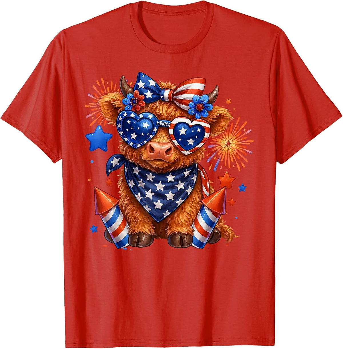 Cute Highland Cow 4th of July USA Flag Patriotic Cow Farmer T-Shirt - Red
