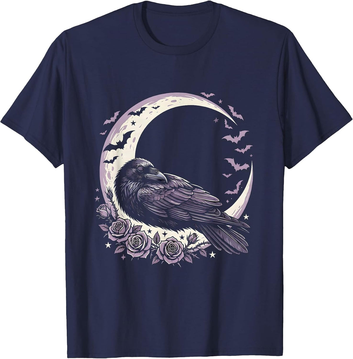 Crescent Moon Sleeping Raven Gothic Night Design T-Shirt - Navy Blue