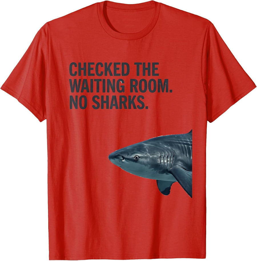 Men's Checked The Waiting Room No Sharks Funny Shark Lover Ocean T-Shirt - Red