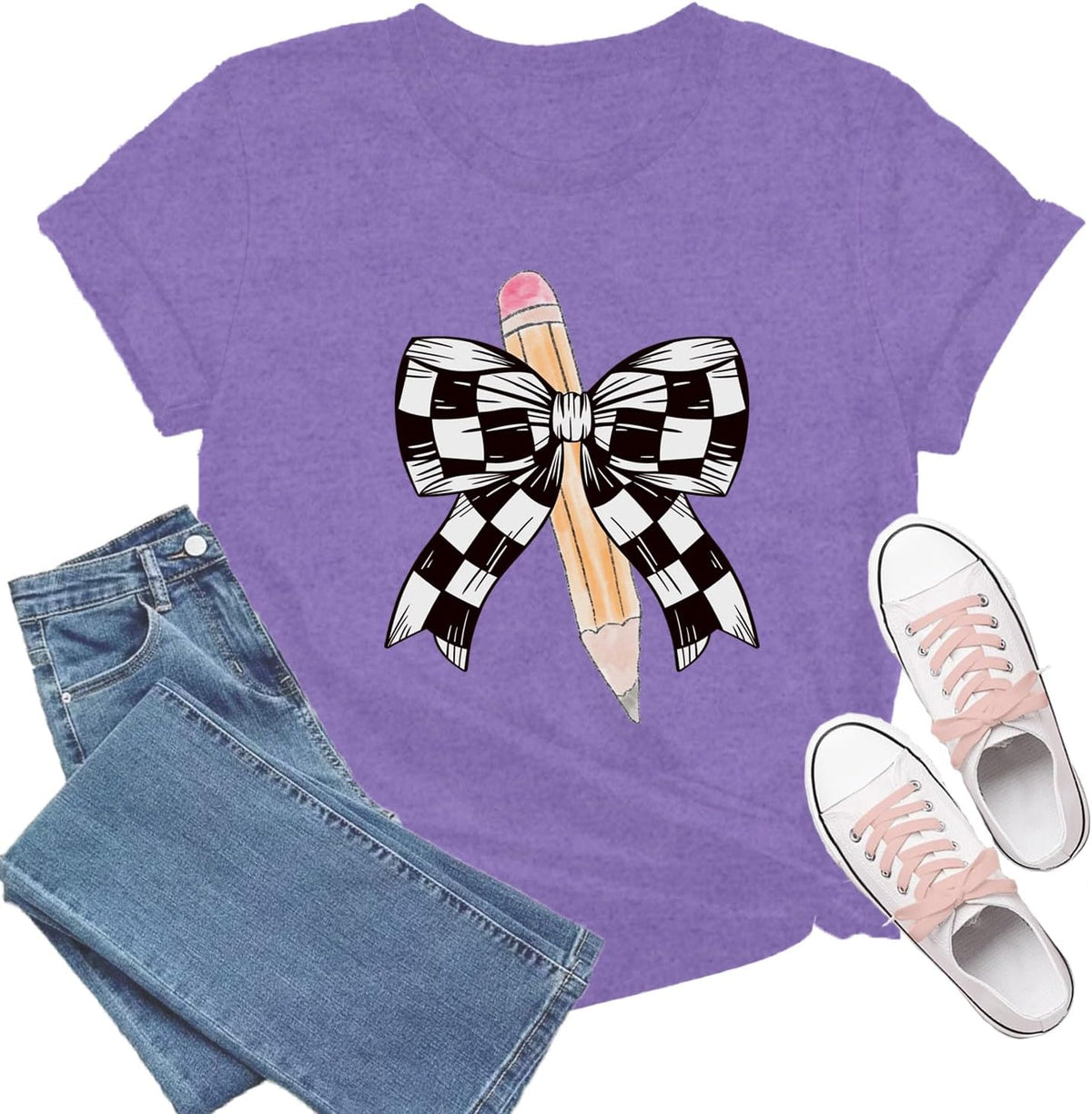 Teacher Shirts for Women Bow Teacher T-Shirt Pencil Teaching Tee Tops - Purple