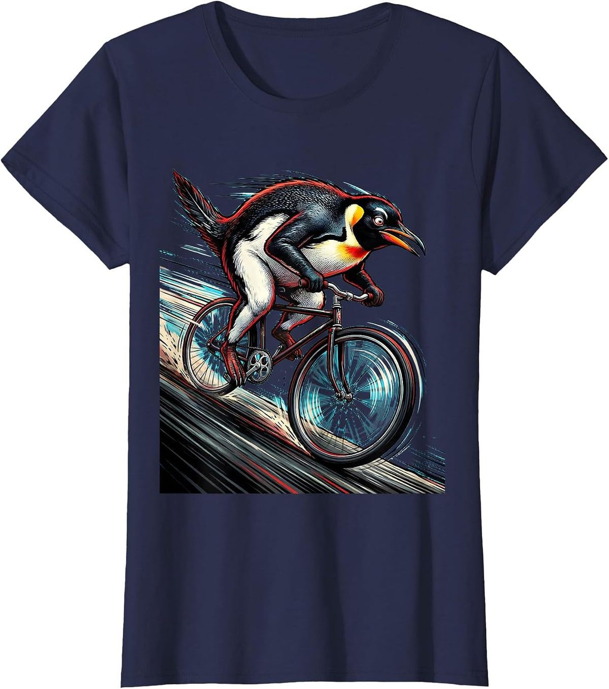 Women's Penguin Downhill Bicycle Rider Graphic Tee T-Shirt - Navy Blue